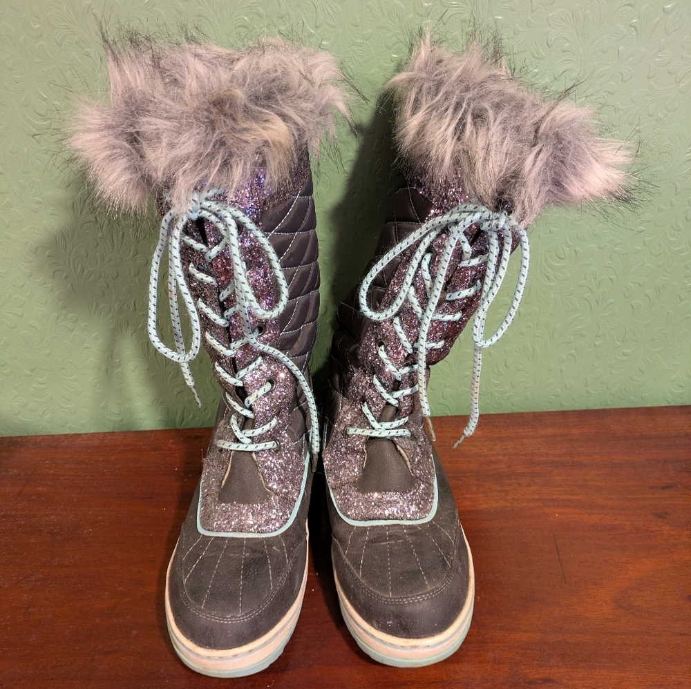 Justice Dark Gray/Teal and Silver Glitter Winter Boots with Faux Fur Trim Size 7